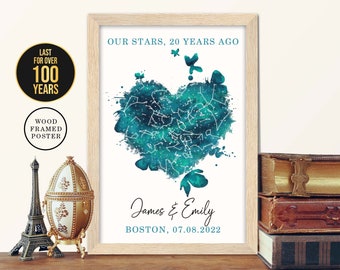 20th Anniversary Wall Decor, Custom Night Sky by Date, Framed Star Map, 20 Year Wedding Anniversary Gift for Husband and Wife, Parents