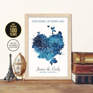 Décoration murale 18e anniversaire, ciel nocturne personnalisé par date, carte des étoiles encadrée, cadeau d'anniversaire de mariage 18 ans pour mari et femme, parents