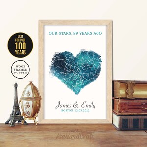 Decoración de pared del 89.º aniversario, cielo nocturno personalizado por fecha, mapa estelar enmarcado, regalo de aniversario de boda del 89.º año para marido y mujer, padres