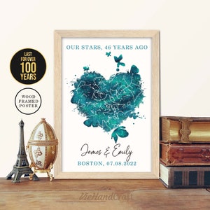 Decoración de pared del 46.º aniversario, Cielo nocturno personalizado por fecha, Mapa estelar enmarcado, Regalo de aniversario de boda de 46 años para marido y mujer, Padres