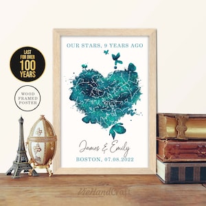 Décoration murale du 9e anniversaire, ciel nocturne personnalisé par date, carte des étoiles encadrée, cadeau d'anniversaire de mariage de 9 ans pour mari et femme, parents