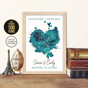 Decorazione da parete per il 1° anniversario, cielo notturno personalizzato per data, mappa stellare incorniciata, regalo per anniversario di matrimonio di 1 anno per marito e moglie, genitori