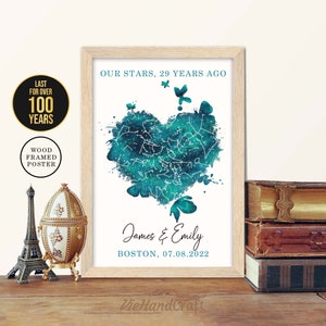Décoration murale 29e anniversaire, ciel nocturne personnalisé par date, carte des étoiles encadrée, cadeau d'anniversaire de mariage 29 ans pour mari et femme, parents