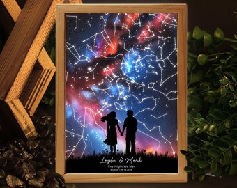 Luz de noche con mapa estelar personalizado, regalo de San Valentín o aniversario para ella, él, 1.er, 2.º y 3.er aniversario, lámpara de noche personalizada