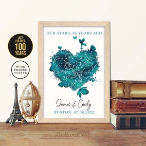 Decoración de pared del 85 aniversario, cielo nocturno personalizado por fecha, mapa de estrellas enmarcado, regalo de aniversario de bodas de 85 años para esposo y esposa, padres