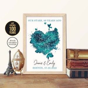 Décoration murale du 89e anniversaire, ciel nocturne personnalisé par date, carte des étoiles encadrée, cadeau d'anniversaire de mariage de 89 ans pour mari et femme, parents