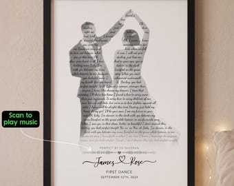Personalized First Dance Lyrics Print, 2nd (Paper) Anniversary Gift, Scannable Music Code Wall Art, Wedding Song Gift, Anniversary Decor