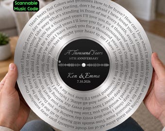 Custom Song Lyric Sign With Scannable Music Code,  Silver Vinyl Record Metal Sign,  Wonderful 25th (Silver) Anniversary Gifts