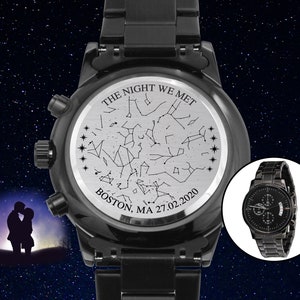 Carte des étoiles, cadeau d'anniversaire pour lui, montre en acier inoxydable gravée, La nuit où nous nous sommes rencontrés, cadeau d'anniversaire personnalisé ciel nocturne pour petit ami, mari