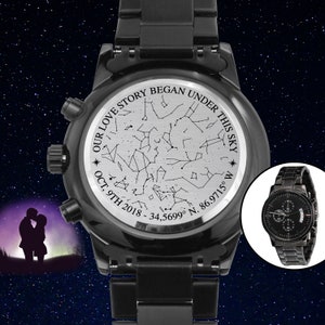 Notre histoire d'amour a commencé, carte des étoiles, cadeau d'anniversaire pour lui, montre en acier inoxydable gravée, ciel nocturne, cadeau de 1er anniversaire pour lui, petit ami mari