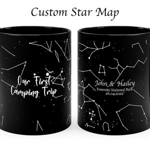 Mapa estelar personalizado por data na caneca, presente de aniversário significativo para ele, céu noturno personalizável, nossa primeira viagem de acampamento juntos