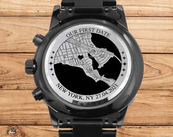 Our First Date Map Anniversary Gift For Him, Engraved Stainless Steel Watch Custom Location Map Anniversary Gift For Boyfriend, Husband