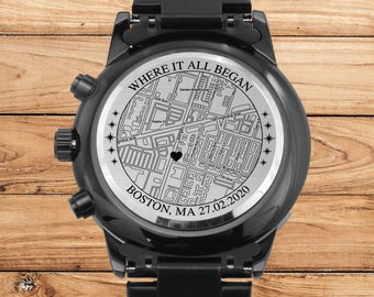 Where It All Began Map Anniversary Gift For Him, Engraved Stainless Steel Watch Custom Location Map Anniversary Gift For Boyfriend, Husband