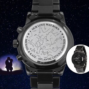 Our Love Was Born, carte des étoiles, cadeau d'anniversaire pour lui, montre en acier inoxydable gravée, ciel nocturne, cadeau de 1er anniversaire pour lui, petit ami mari