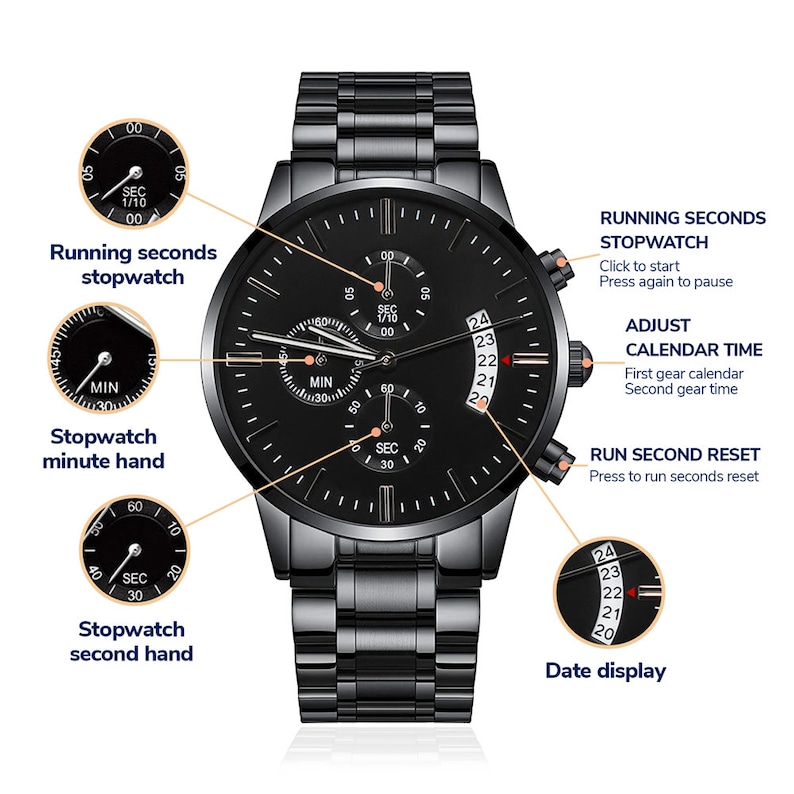 May include: A black chronograph wristwatch with a stainless steel band. The watch face has three sub-dials, a date window, and a black background. The watch has a running seconds stopwatch, an adjust calendar time feature, and a run second reset function.