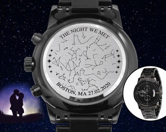 La noche en que nos conocimos, regalo de aniversario con mapa estelar para él, reloj de acero inoxidable grabado, cielo nocturno, regalo de primer aniversario para él, novio, esposo
