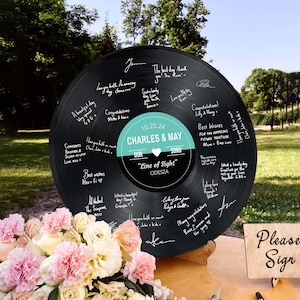 Personalized Wedding Guest Book Alternative, Custom Record Guestbook Vinyl with Easel And Jute Rope, Custom Family Name, Song and Lyrics