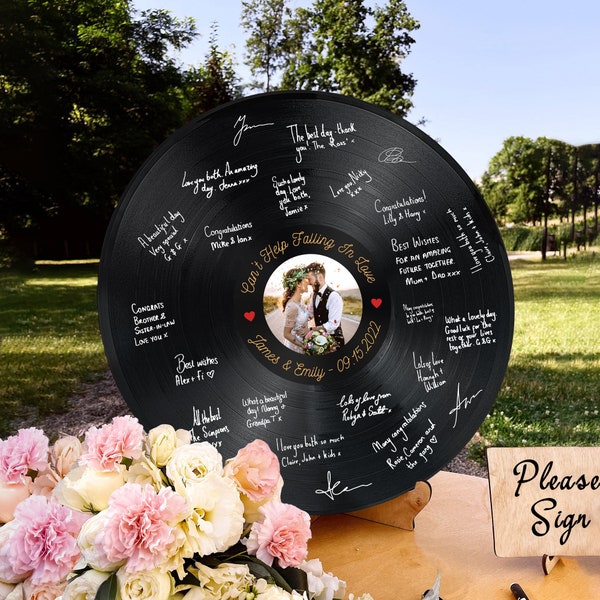 Personalized Wedding Guest Book Alternative, Custom Record Guestbook Vinyl with Easel And Jute Rope, Custom Family Name, Song and Lyrics