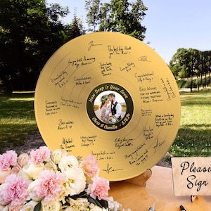 Personalized Wedding Guest Book Alternative, Custom Gold Record Vinyl With Photo & Easel and Jute Rope, Custom Family Name, Song and Lyrics