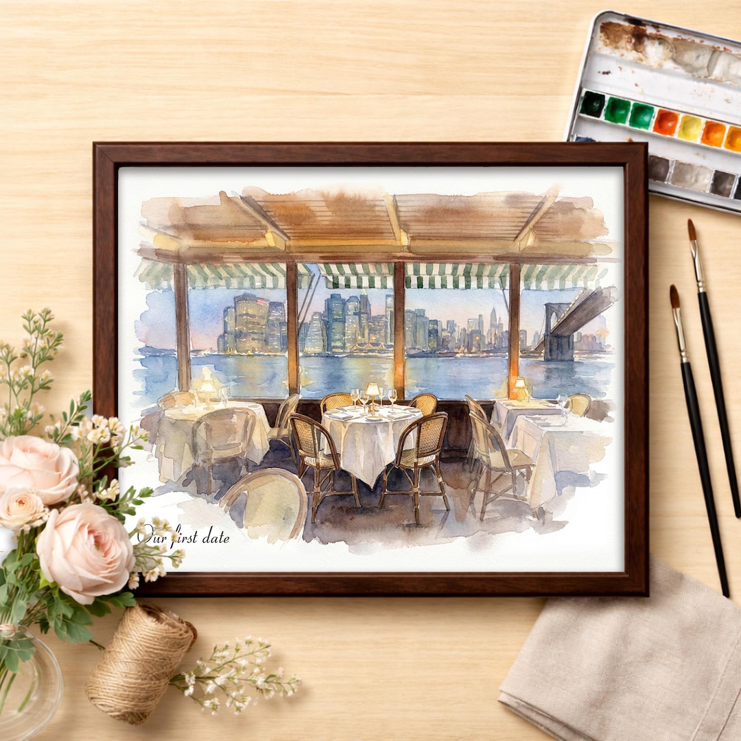Our First Date Venue Portrait, Custom Watercolor Couple Drawing, Anniversary Keepsake, Valentine Gift for Her Him, Restaurant/ Cafe Sketch