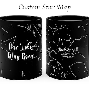Carte des étoiles personnalisée par date sur la tasse, cadeau d'anniversaire pour lui, cadeau d'anniversaire significatif. Ciel nocturne personnalisable, notre amour est né
