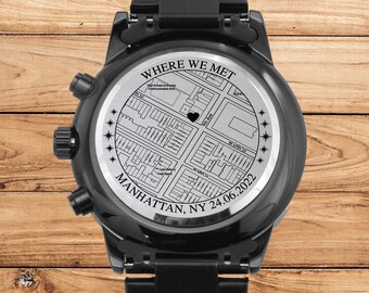 Where We Met Custom Map Anniversary Gift For Him Engraved Stainless Steel Watch Custom Location Map Anniversary Gift For Boyfriend, Husband