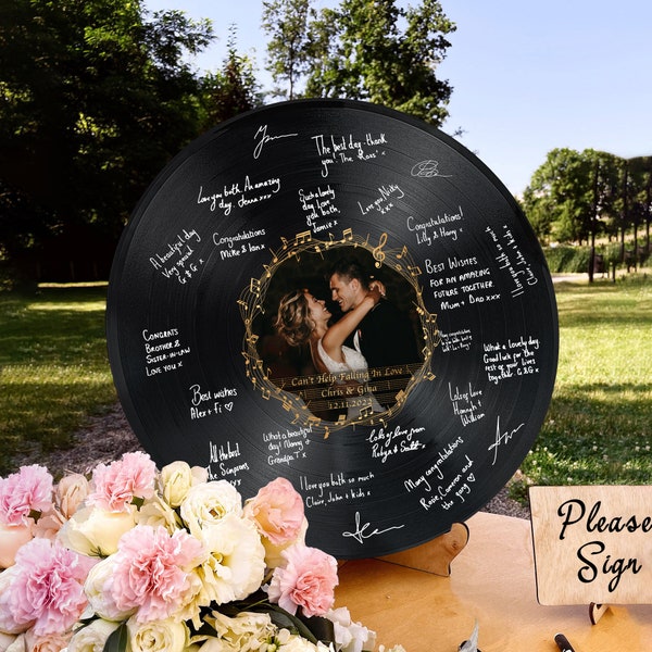 Personalized Wedding Guest Book Alternative, Custom Record Guestbook Vinyl with Easel And Jute Rope, Custom Family Name, Song and Lyrics