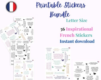 56 French Motivational Stickers, Printable Planner Stickers (Digital Download)