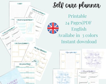 May include: A printable self-care planner with 24 pages in PDF format. The planner features a watercolor background with floral designs and includes pages for daily gratitude, personal growth, and a life balance tracker. The text "The Best Health Care Plan Is A Self Care Plan" is featured on the cover.