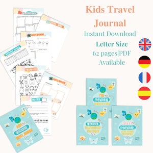 May include: A printable kids travel journal with 62 pages. The cover features a blue background with a cartoon globe, a butterfly, and the text "Mis Aventuras Diario de Viaje". The journal is available in English, Spanish, German, and French.