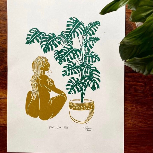 Plant Lover VIII - Original lino print, on A3 recyled paper, for lovers of plants