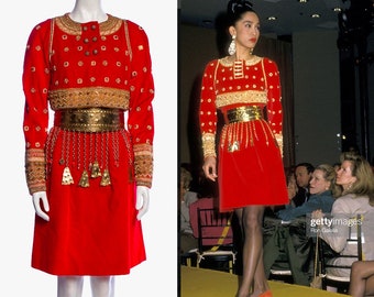 Documented Rare Christian Lacroix Couture Skirt Vintage Set, red embellished skirt suit 1990s