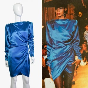 Documented Yves Saint Laurent YSL Haute Couture vintage blue silk dress with runway label, 1987