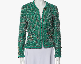 Adolfo for Saks Fifth Avenue Vintage Evening Green Boucle Jacket, vintage blazer with gold buttons , 1980s