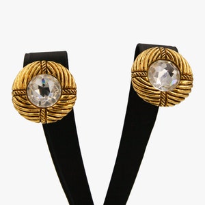 Chanel Vintage Clip-On Earrings, Chanel ear clips, Chanel jewelry, gold-tone clips with rhinestone 1970S