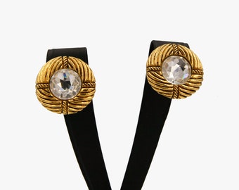 Chanel Vintage Clip-On Earrings, Chanel ear clips, Chanel jewelry, gold-tone clips with rhinestone 1970S