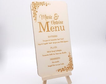 Carte Menu de Mariage, Menu diner en Bois, Personnalisé, Décoration de mariage de table