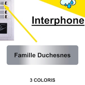 May include: A silver intercom system with buttons, a camera, and an RF card reader. The text "Interphone" is displayed, along with "Famille Duchesnes." Below, three color options are shown: silver, gold, and copper.