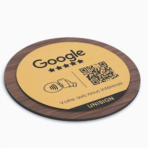 Plaque QR Code NFC Ronde Bois Gravé | Support d'Avis Google Personnalisé | Enseigne de Comptoir Restaurant, Bar & Hôtel