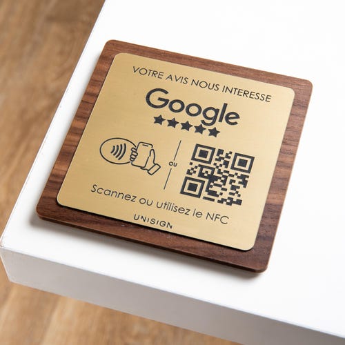 Exhibidor de código QR personalizado – Placa de madera y grabada – Reseñas de Google, NFC – Restaurantes y hostelería – Profesionales