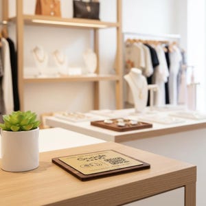 May include: A retail store interior with a wooden display table. A small succulent plant in a white pot sits on the left. A gold-colored sign with the Google logo and a QR code is on the table. Jewelry and clothing are visible in the background.