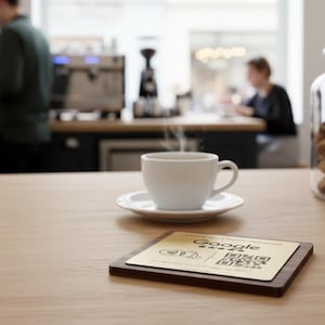 May include: A white ceramic coffee cup and saucer sit on a light wood table, with steam rising from the cup. A wooden coaster with a gold card featuring the Google logo and a QR code is in the foreground. The background is blurred.