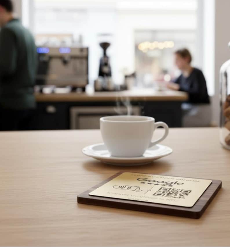 May include: A white ceramic coffee cup and saucer sit on a light wood table, with steam rising from the cup. A wooden coaster with a gold card featuring the Google logo and a QR code is in the foreground. The background is blurred.