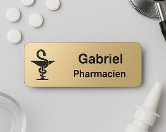 Badge Personnalisé Pharmacien/Pharmacienne Doré – Cadeau pour Étudiant en Médecine, Homme/Femme