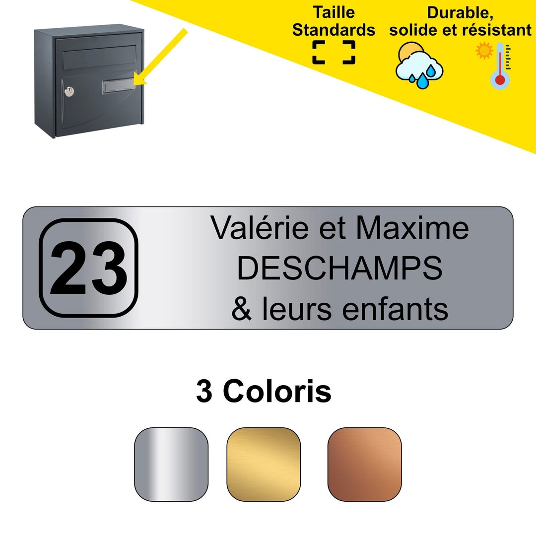 Plaque Boîte Aux Lettres Personnalisable De 1 À 3 Lignes – Nom Gravé – Adhésive PVC – 10 X 2,5 Cm (Gris Mat