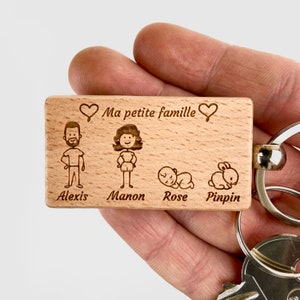 Porte-clés Famille Personnalisé en Bois – Cadeau Naissance, Future Maman et Papa, Idée Anniversaire, Noël