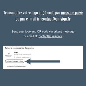 May include: Image with text in French and English. The French text says to send a logo and QR code via private message or email. The English text provides the same instructions. A section shows the seller's information.