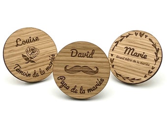 Badge Personnalisable Mariage en Bois, Cadeau magnet pour Témoin, EVJF champêtre, badge aimanté ou épingle