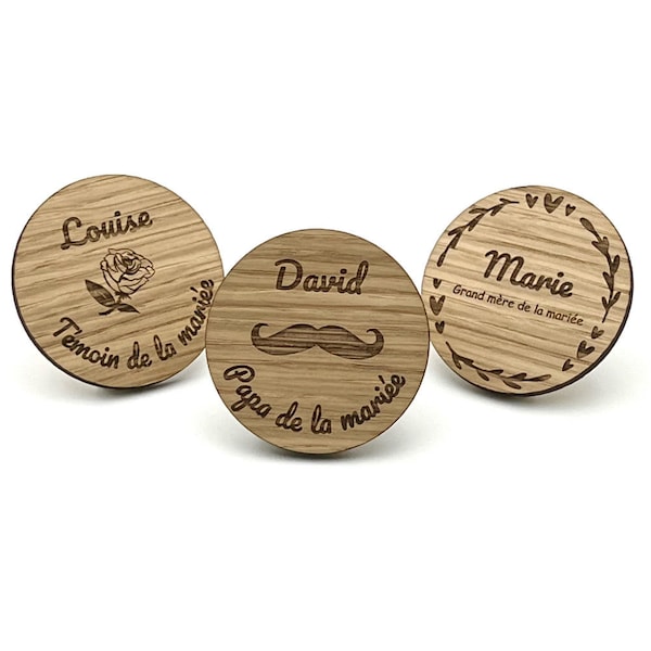 Badge Personnalisable Mariage en Bois, Cadeau magnet pour Témoin, EVJF champêtre, badge aimanté ou épingle