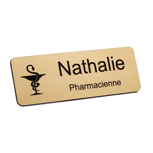 Badge Pharmacien / Pharmacienne Personnalisé couleur dorée, cadeau pour elle, cadeau pour lui, cadeau étudiant en médecine